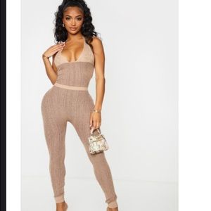 Plt shape stone knit underbust detail halter neck jumpsuit